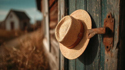Beige Straw Hat Hanging on Rustic Teal Door Outdoors