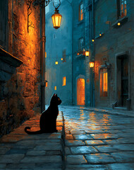 Black Cat Silhouette in Dark Cobblestone Alleyway at Night