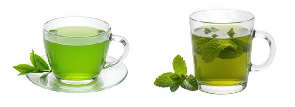 Refreshingly green beverages like tea, juice, and even beer are served in transparent glasses or cups, isolated on a white background