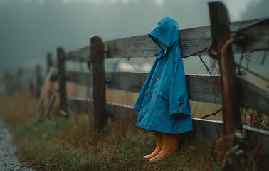 Blue Child's Raincoat on Wooden Fence in Misty Rural Setting