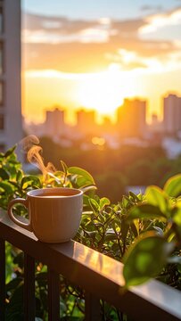Cup of coffee on a balcony with a city in the background