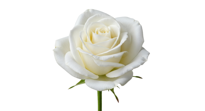 Perfect Single White Rose Flower with Green Stem Isolated on Pure White Background