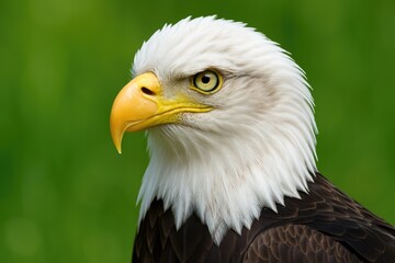 Fototapeta premium Close-up of a majestic bald eagle with a vibrant green backdrop