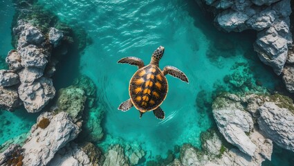 Bird's-eye perspective of a sea turtle gliding through vibrant blue waters