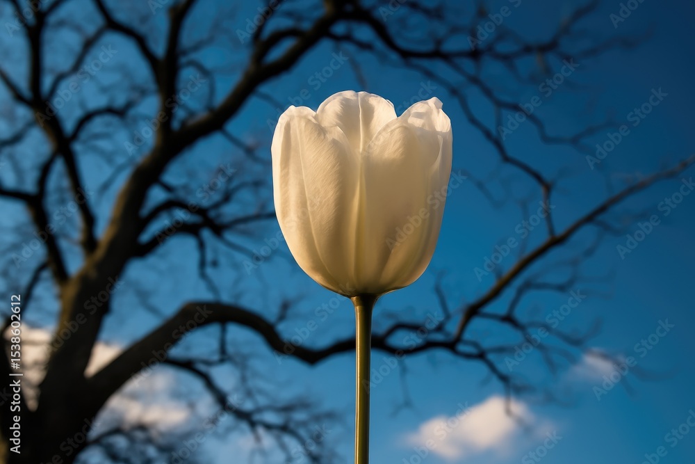 Poster a luminous white tulip shines under the bright sky with a leafless tree in the background, captured 
