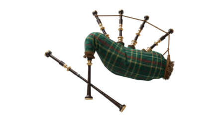 Traditional Scottish bagpipes with green tartan bag isolated on white background