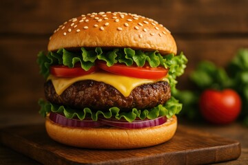 Juicy beef patty burger topped with cheese and fresh vegetable salad