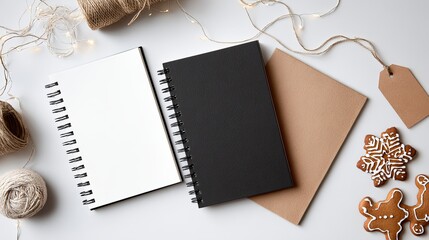 Notebook Mockup with Christmas Decorations on White Surface