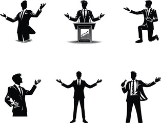 Six silhouettes of men in suits, depicting various presentation poses, with arms outstretched.