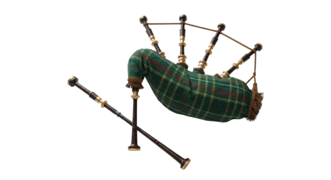 Bagpipes with green tartan pattern isolated PNG with Transparent Background