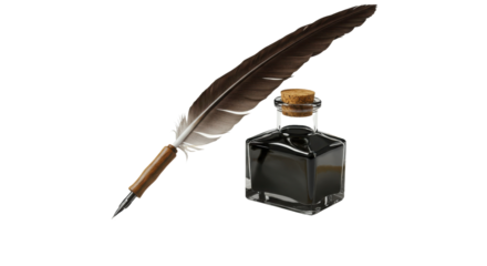 Feather quill pen with ink bottle isolated PNG with Transparent Background