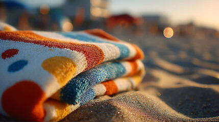 Folded Colorful Beach Towel on Sandy Beach at Sunset