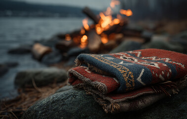 Folded Red And Blue Blanket Near A Campfire By A Lake At Dusk