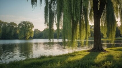 Obraz premium A sorrowful tree by the water's edge in a green space