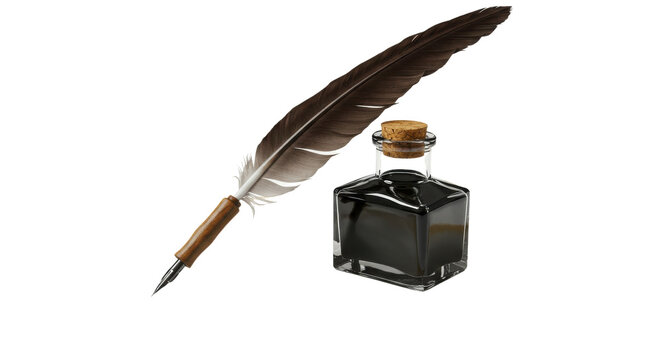 Feather quill pen with ink bottle isolated PNG with Transparent Background