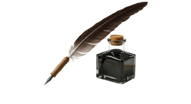 Feather quill pen with ink bottle isolated PNG with Transparent Background