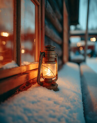 Glowing Lantern in Snowy Winter Landscape, Rustic Cabin at Night