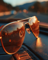 Golden Aviator Sunglasses Reflecting Sunset on Car Dashboard