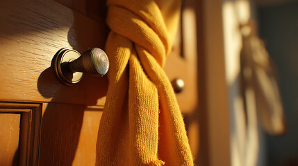 Golden Hour Sunlight Illuminates Yellow Towel on Wooden Door