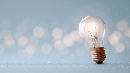Glowing light bulb stands on sparkling surface with soft bokeh background, symbolizing innovation and creativity. warm light contrasts with cool blue tones