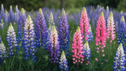 Obraz premium Vivid display of blooming lupine blossoms in a lush meadow
