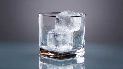 Clear glass tumbler with two large ice cubes inside, placed on reflective surface with smooth gradient gray background, evoking cool and refreshing feeling