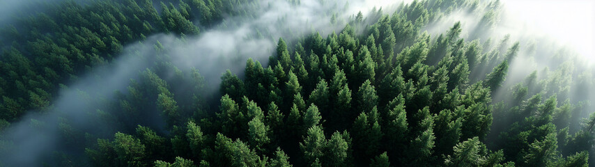 Dense green forest with mist and sunlight creating serene and peaceful atmosphere over tall pine trees in natural landscape