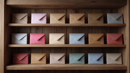 Envelopes in various colors on a wooden shelf