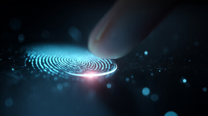 Fingerprint scanning technology with finger pressing on glowing digital fingerprint scanner, symbolizing security and biometric identification in futuristic setting