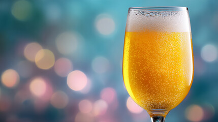 Yellow foamy drink, beer in a clear glass, colorful circle bokeh background.