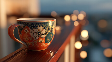 Ornate Floral Mug on Balcony at Sunset