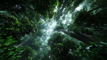 Lush green forest canopy with tall trees and sunlight filtering through leaves creating peaceful and refreshing natural atmosphere