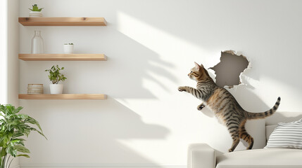 Playful tabby cat is jumping near hole in white wall in bright room with wooden shelves and green plants, creating lively and curious atmosphere