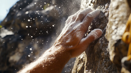 Close up of chalked hand gripping rough rock surface during outdoor rock climbing activity, capturing intense focus and physical effort involved