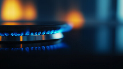 Blue gas flame burning on stove burner close up with dark background and warm light bokeh, creating cozy and modern kitchen atmosphere