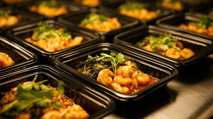 Prepared shrimp dishes in black plastic containers, arranged in rows