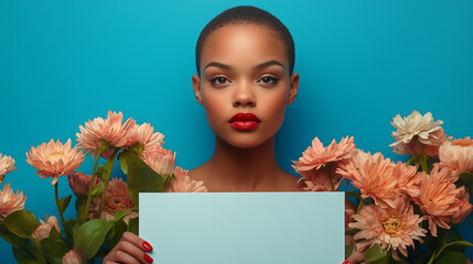 Confident young woman with short hair and red lipstick holds blank sign surrounded by peach flowers against bright blue background, creating vibrant and elegant scene