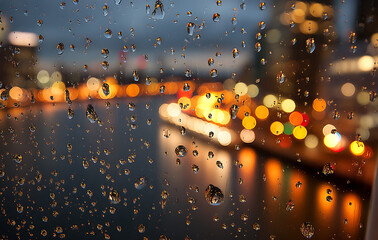 Rainy Night Cityscape Viewed Through Water Droplets on Glass