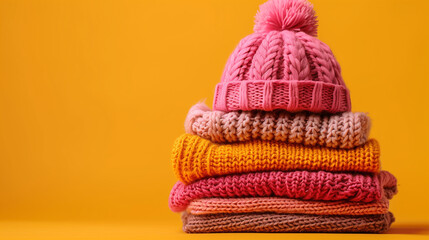 
Stack of children's warm clothes and hat on yellow background. Kids pink clothes for spring, autumn or winter. Fashion kids outfit