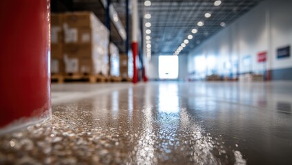 Warehouse interior, polished concrete floor,  boxes,  red support post
