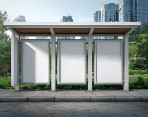 A bus stop with three blank poster frames set against a city backdrop with greenery