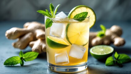 Fototapeta premium Close-up of a glass of tasty ginger ale with an ice cube and ingredients on a white table