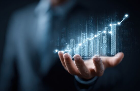 A business person holds a glowing schematic bar graph with a rising trend line in their hand