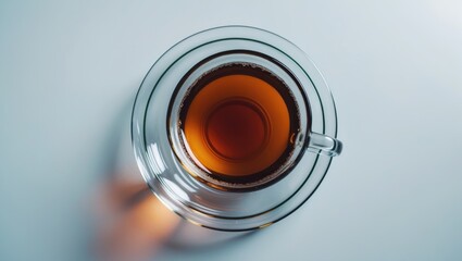 Top view of a glasses cup containing black tea.