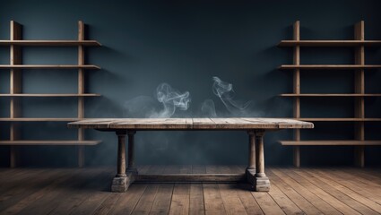 Empty wooden table with smoke float up on dark background, perspective wooden floor shelf table, utilized as a studio background wall to showcase your products.