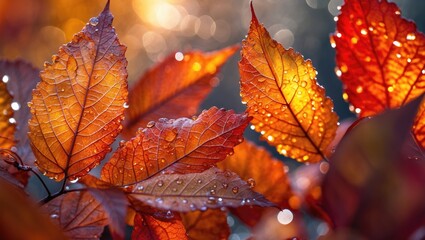 A vibrant closeup of an autumn leaf blending fiery red with golden yellow. Sparkling moisture on the surface emphasizes delicate veins and showcases nature's luminous transformation.