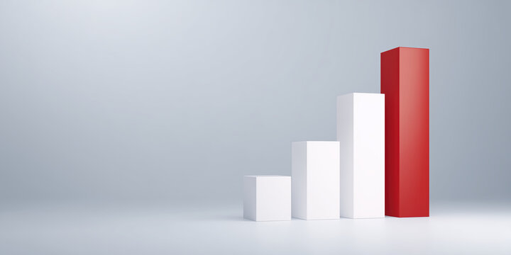 Abstract 3D illustration of ascending bar graph in white and red colors, representing growth and success, with a minimalistic background emphasizing the upward trend
