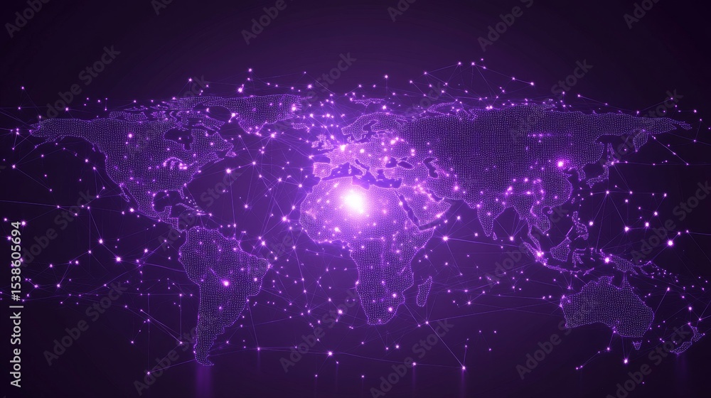 Poster purple abstract digital network background with glowing connections and data nodes representing futu
