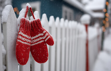 Red Knit Mittens Hanging on a Snowy White Picket Fence