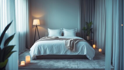 Double bed, soft gray carpet and lamp on floor, furniture with accessories, window with curtains on wall background. Minimalist bedroom interior, design and property acquisition.